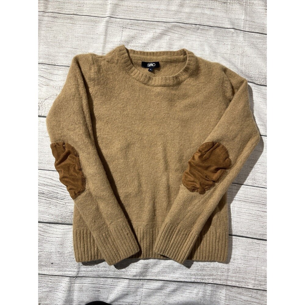 spao lambs wool blend crewneck sweater elbow patch sz s